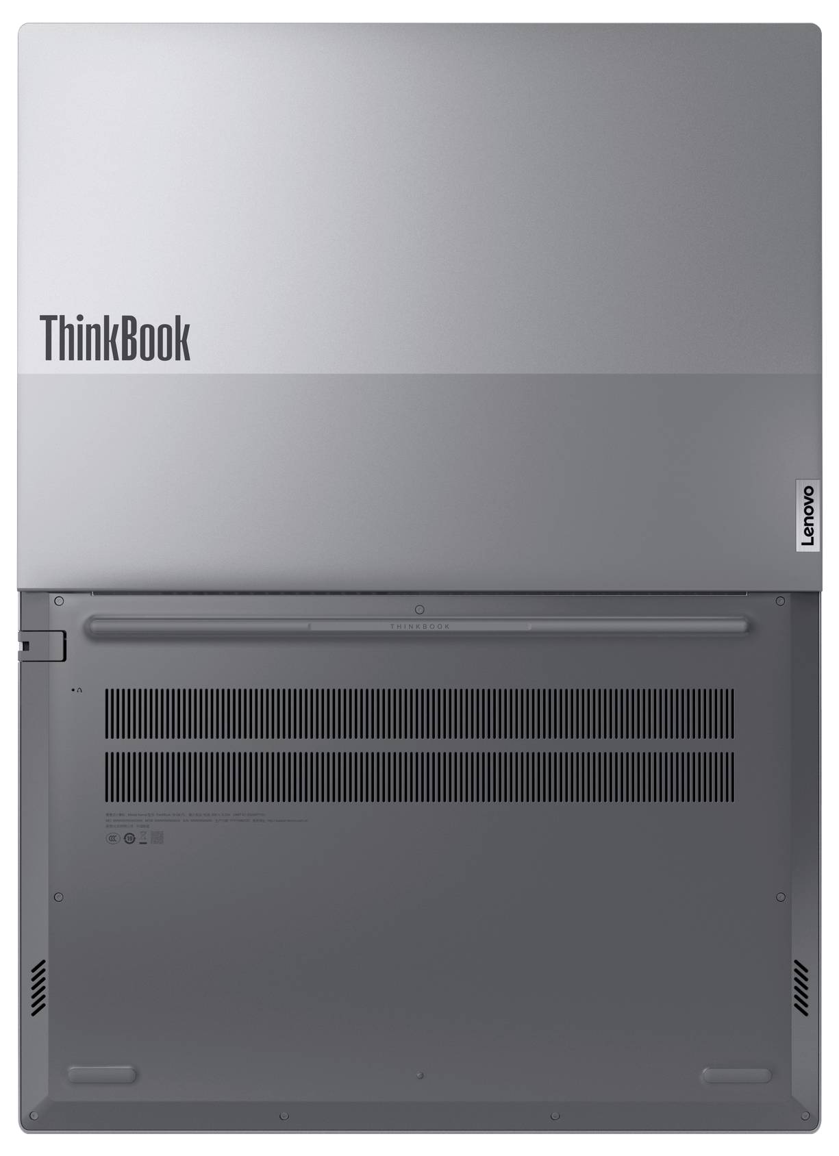 Das Bild zeigt einen geöffneten Lenovo ThinkBook Laptop, der sich auf das Rückpanel und den Tastaturbereich konzentriert, wobei das Branding links oben sichtbar ist.