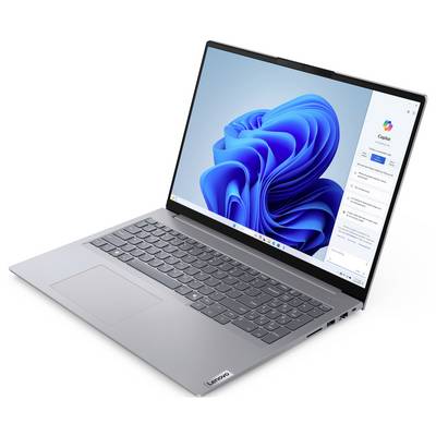 Ein silberner Laptop, der ein helles blaues abstraktes Design auf dem Bildschirm zeigt, mit einer Seitenleiste, die Symbole und Text anzeigt.