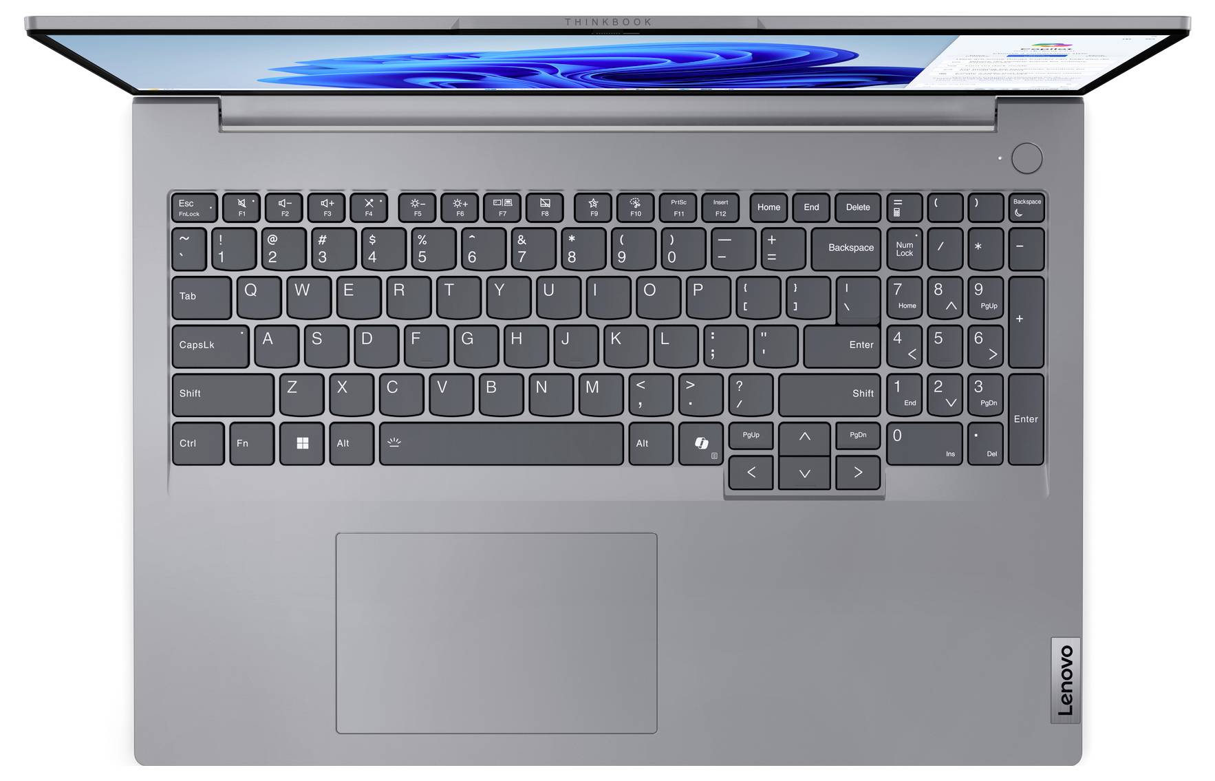 Eine Draufsicht eines silbernen Laptops mit vollständigem Tastaturlayout und Touchpad. Der Bildschirm zeigt einen blau gehaltenen Desktop mit einem geöffneten Fenster.