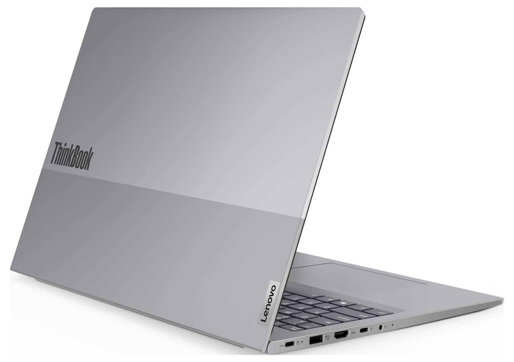 Ein silberner Lenovo ThinkBook Laptop ist teilweise geschlossen, wobei das Markenlogo sichtbar ist. Das elegante Design und die Anschlüsse werden hervorgehoben.