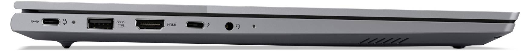 'Laptop-Seitenansicht mit Anschlüssen wie USB, HDMI, Kopfhörerbuchse und einem Lüftungsgitter, vor einem einfarbigen Hintergrund.'