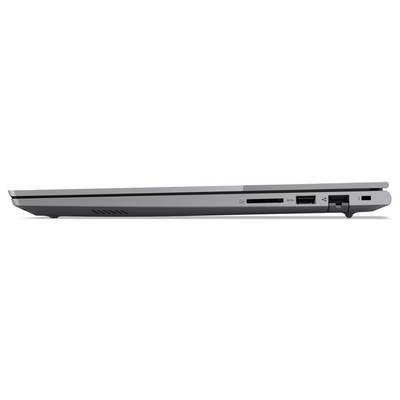 Eine Seitenansicht eines geschlossenen grauen Laptops, der verschiedene Anschlüsse wie USB, Ethernet und HDMI auf einem weißen Hintergrund zeigt.