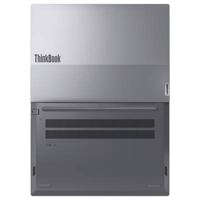 Rückansicht eines geschlossenen silbernen Laptops mit 'ThinkBook'-Branding und Lüftungsschlitzen, die das elegante Design und technische Details betonen.