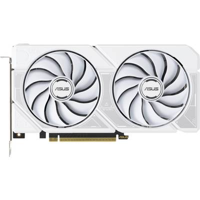 Eine weiße ASUS-Grafikkarte mit zwei Kühlventilatoren und elegantem Design, ausgestattet mit Anschlüssen für die Installation in einem Computersystem.