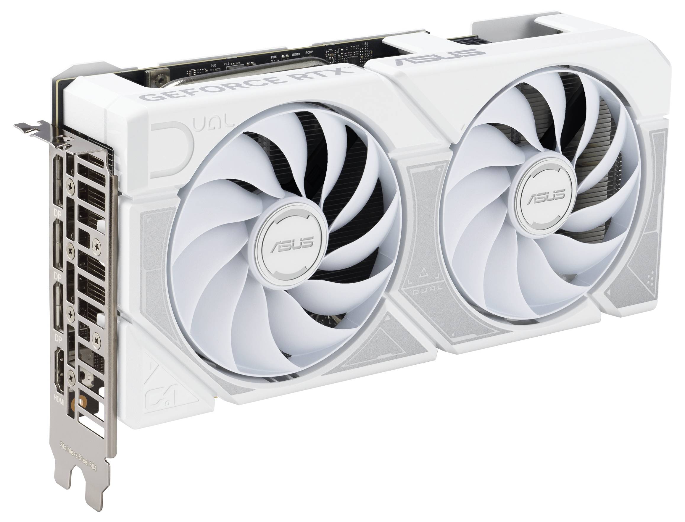 Eine weiße ASUS-Grafikkarte mit zwei Kühlventilatoren und mehreren Anschlüssen, beschriftet mit 'GeForce RTX'.