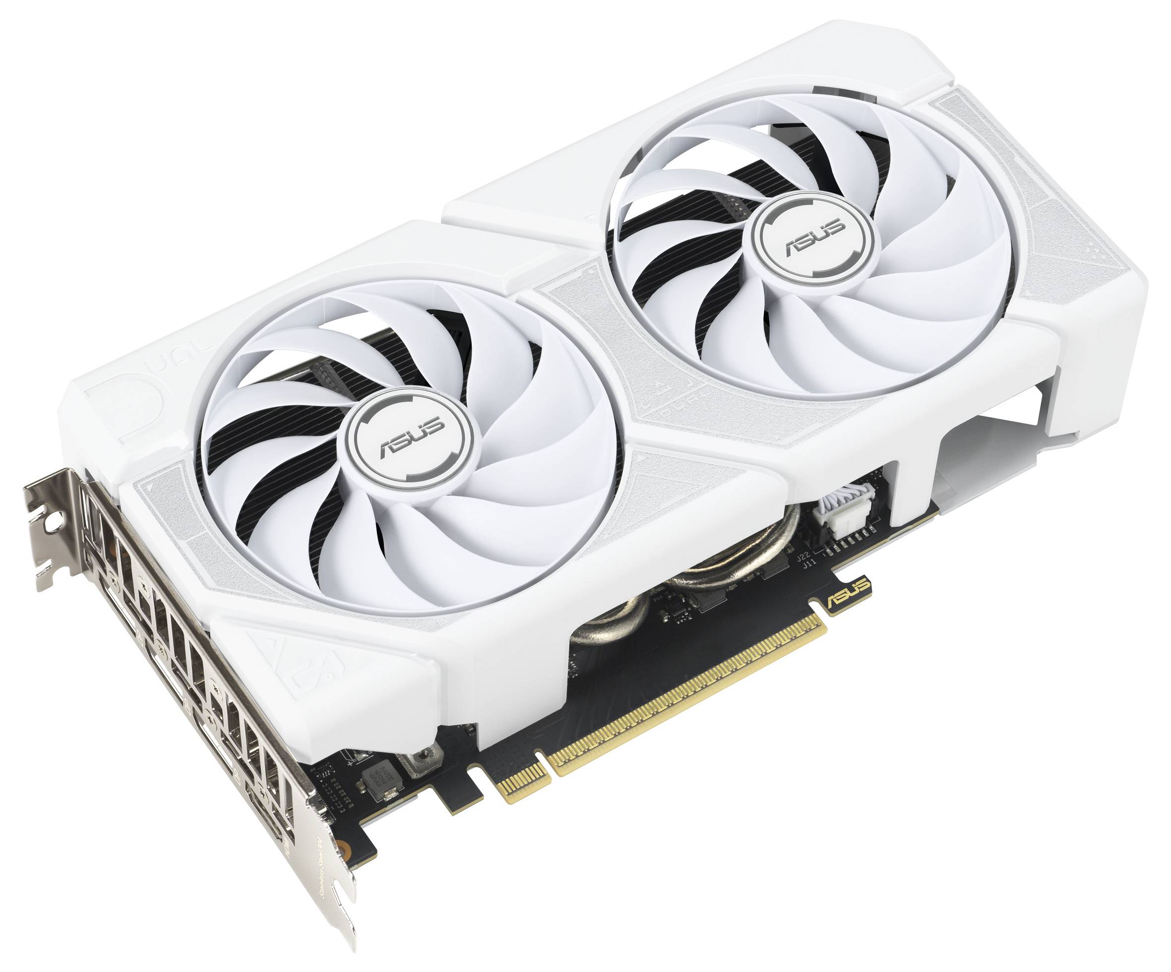 Eine weiße ASUS-Grafikkarte mit Dual-Lüfter und PCI-Anschluss, entwickelt zur Leistungssteigerung von Computerhardware.