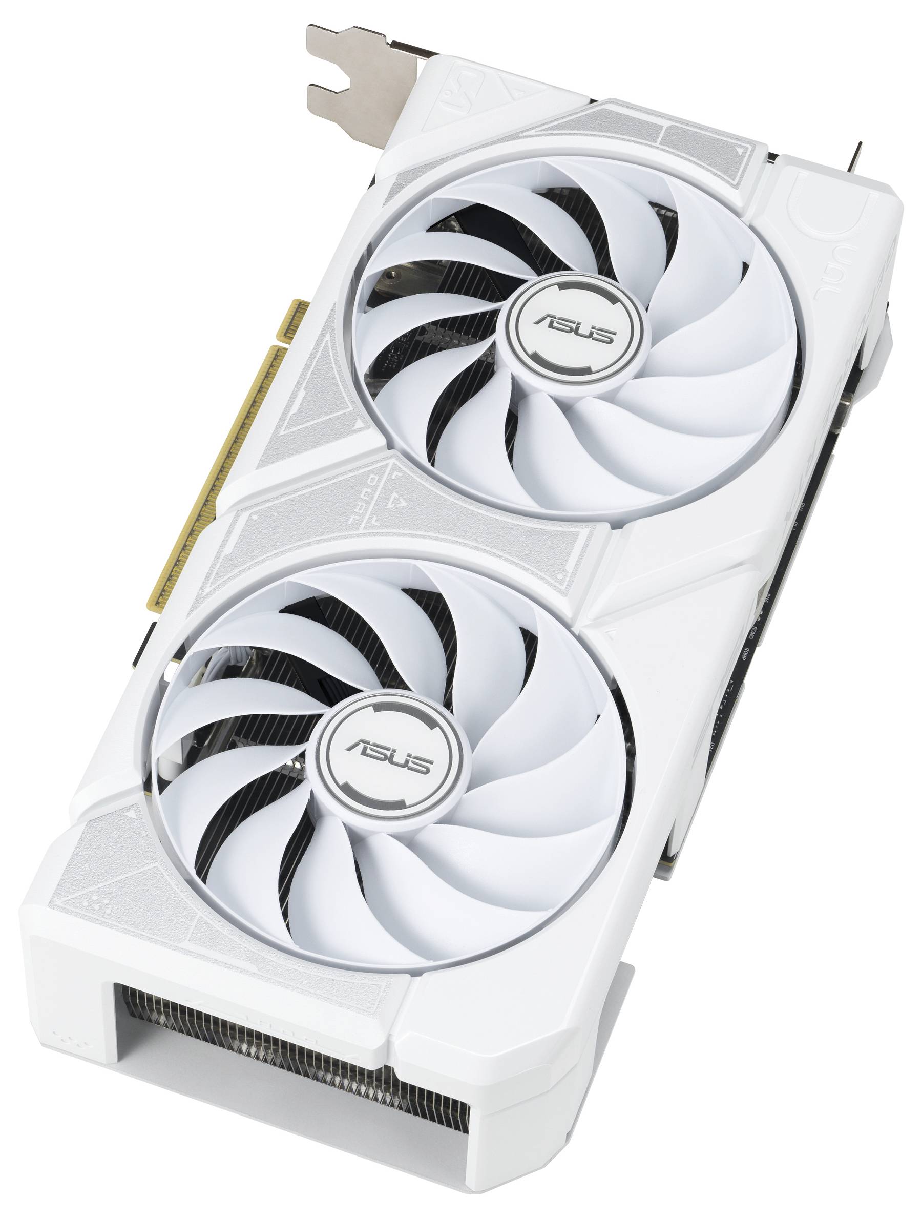 Ein weißer ASUS-Grafikkarte mit zwei großen Lüftern, entwickelt für verbesserte Kühlung und Leistung in High-End-PC-Builds.