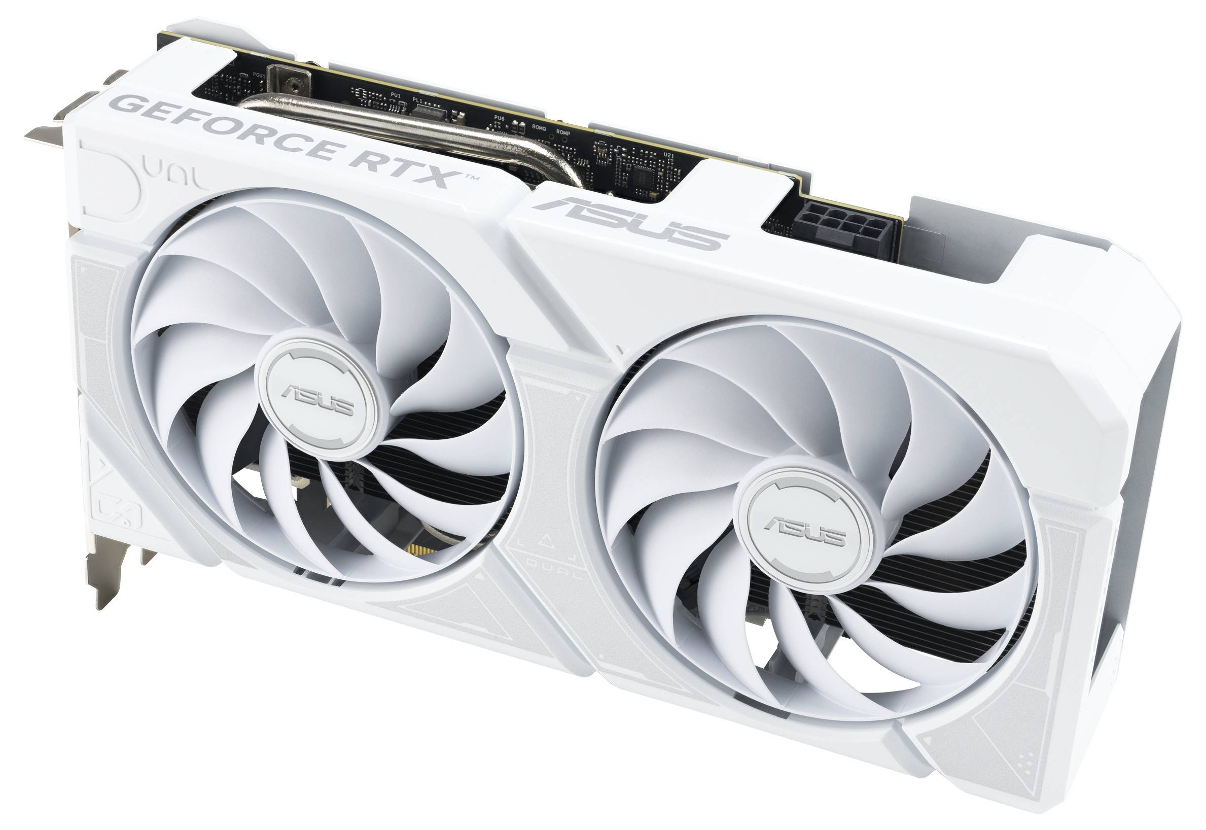 Eine weiße ASUS GeForce RTX Grafikkarte mit zwei großen Kühlventilatoren, entwickelt für High-Performance-Gaming und Rendering-Anwendungen.