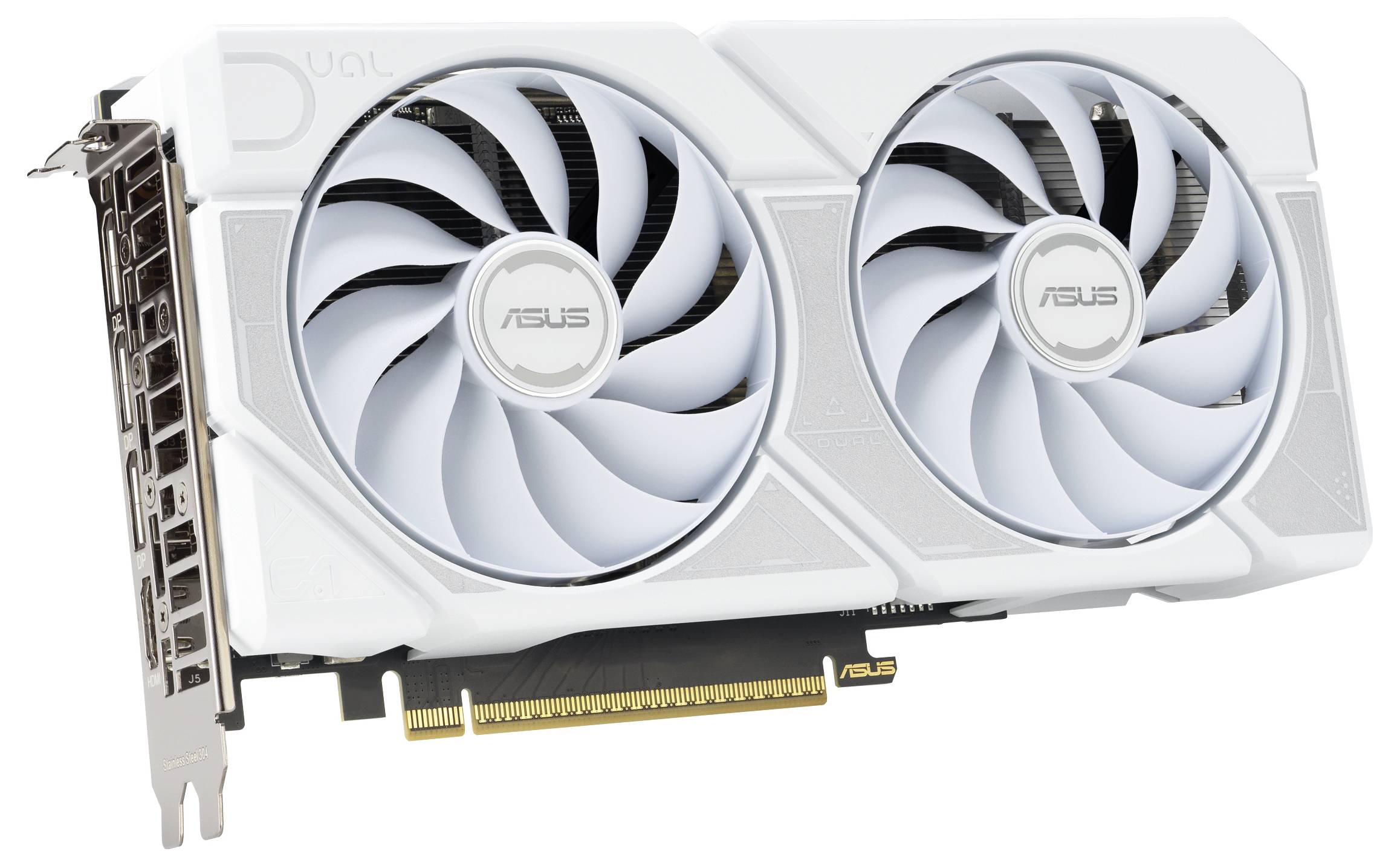 Eine weiße ASUS-Grafikkarte mit Dual-Lüftern, PCIe-Anschluss und Kühldesign, verwendet für leistungsstarke Computergrafikaufgaben.