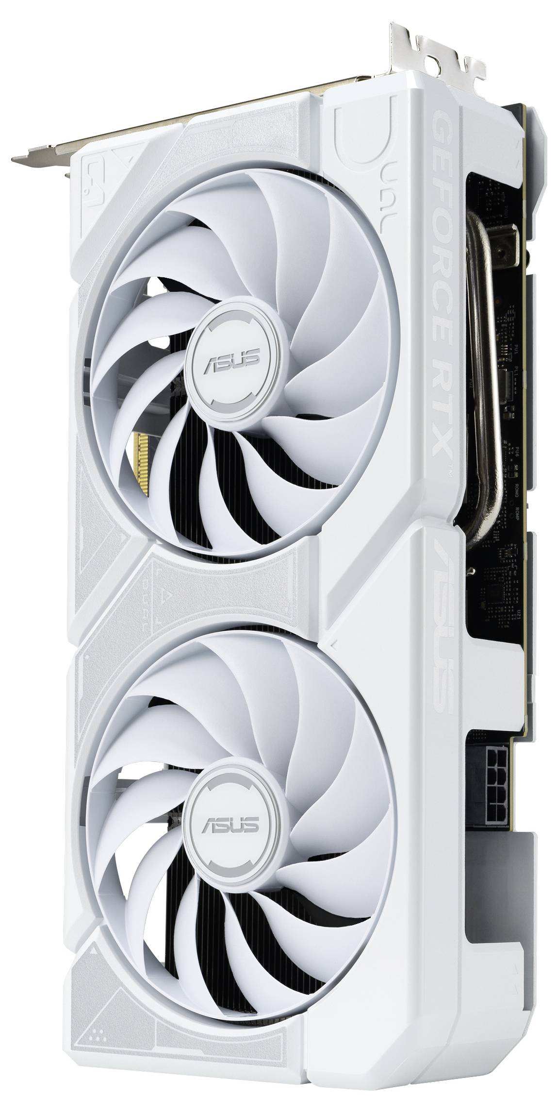 Eine weiße ASUS GeForce RTX Grafikkarte mit Doppellüftern, mit RTX-Logo am Rand, die für High-Performance-Computing verwendet wird.