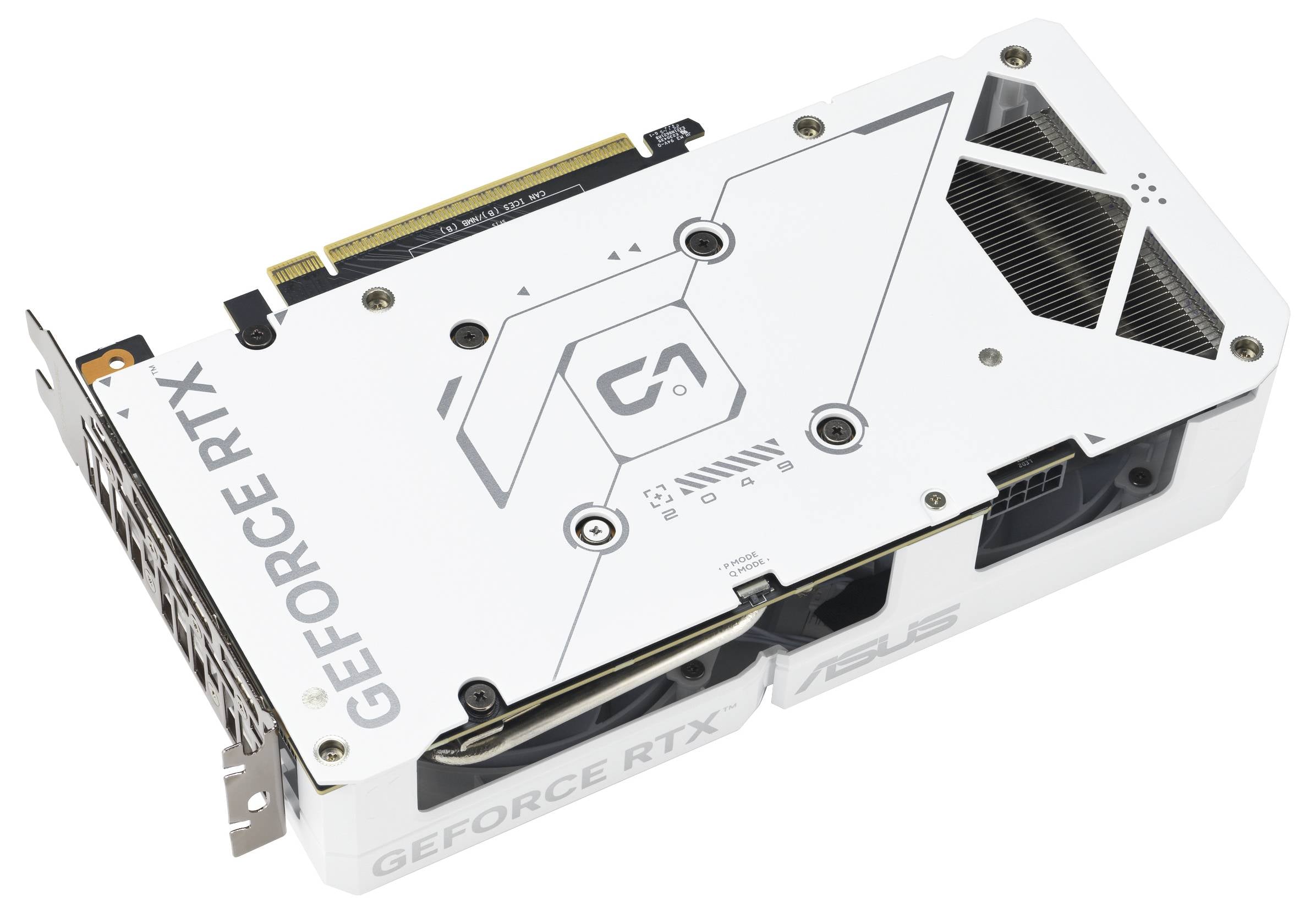 Eine weiße NVIDIA GeForce RTX Grafikkarte mit sichtbarer Markierung. Sie hat ein schlankes Design und mehrere Belüftungsbereiche zur Kühlung.