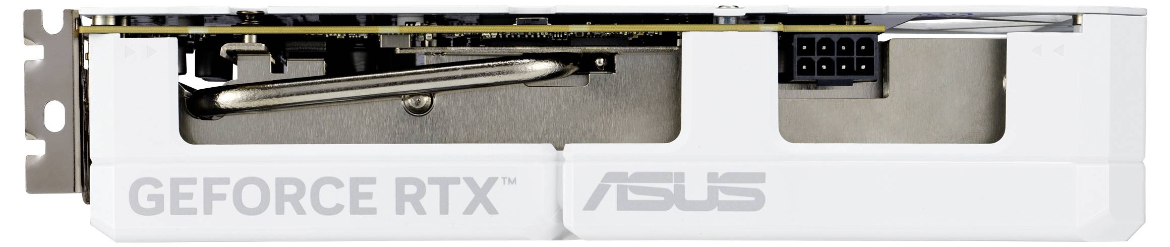 Eine weiße Grafikkarte mit 'GEFORCE RTX' und 'ASUS' Branding, mit einem eleganten Design und sichtbaren Kühlungskomponenten.