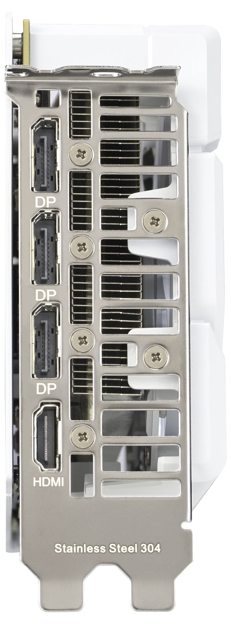 Rückseite einer Grafikkarte mit drei DisplayPort- und einem HDMI-Anschluss, beschriftet mit „Edelstahl 304"."