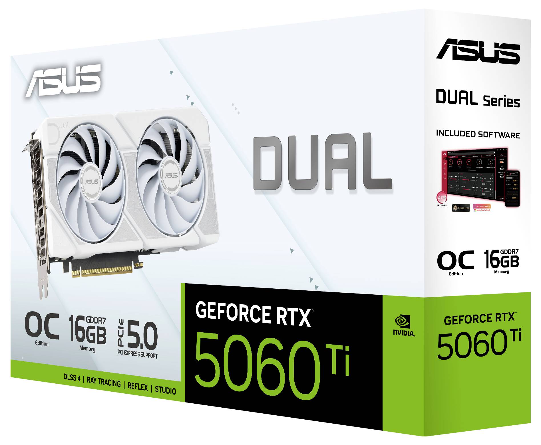 'ASUS Dual GeForce RTX 5060 Ti' Grafikkarte mit 16GB GDDR6 Speicher, PCIe 5.0 Unterstützung, OC Edition, mit zwei großen Lüftern.