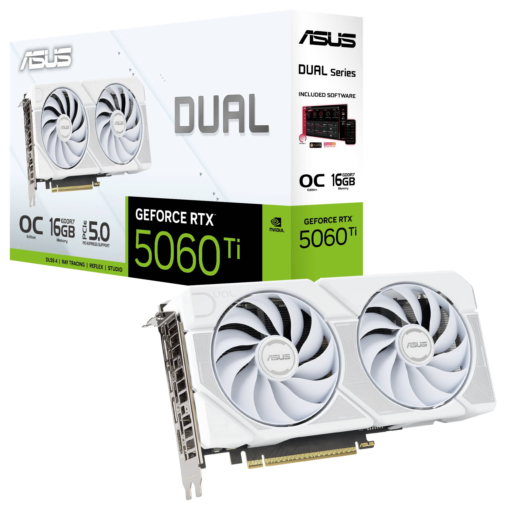 Weiße NVIDIA GeForce RTX 5060 Ti Grafikkarte mit Doppellüftern, neben ihrer Verpackung mit Produktbranding und Spezifikationen, einschließlich '16GB OC'.