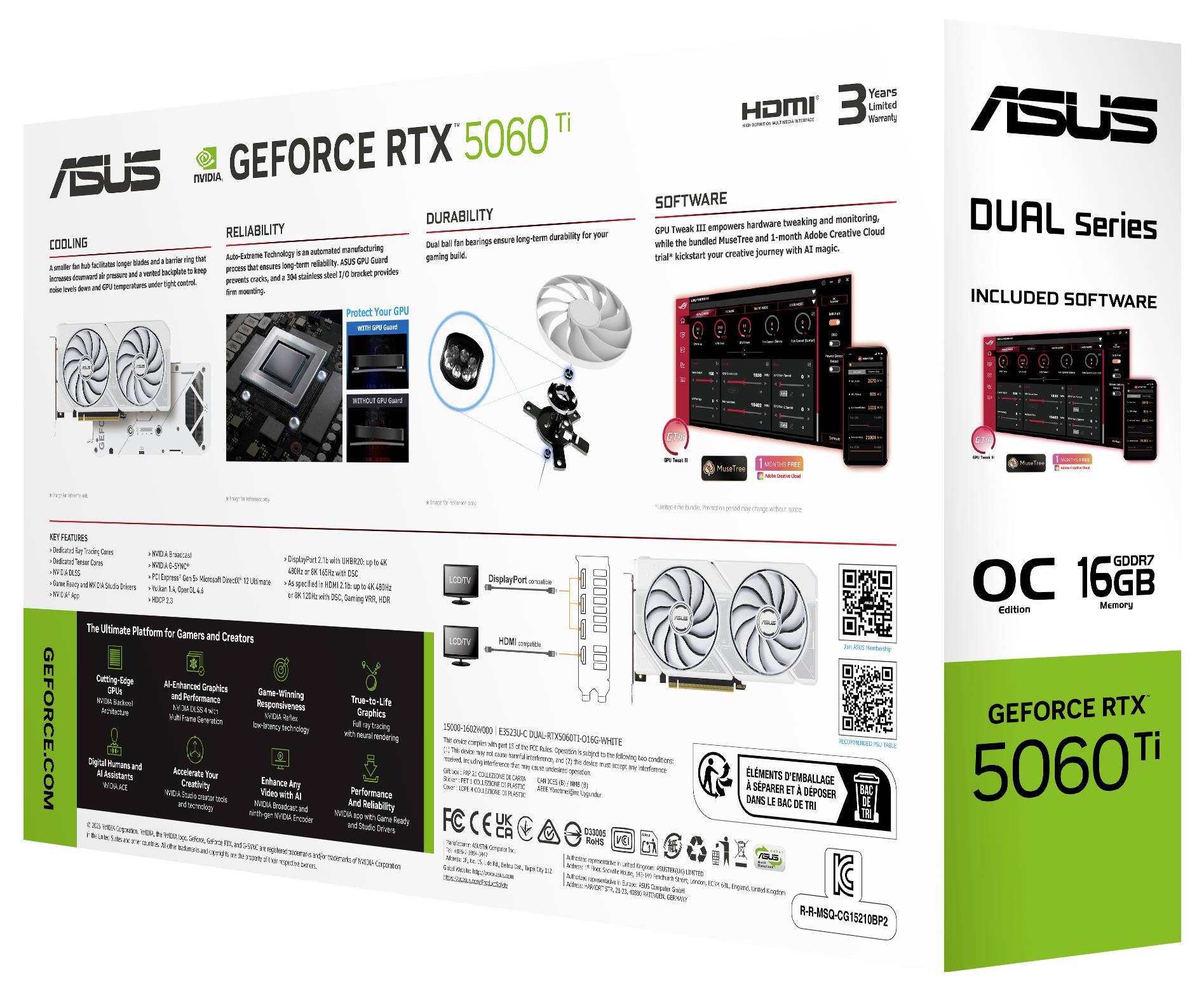 NVIDIA GeForce RTX 5060 Ti Grafikkarten-Verpackung hebt Merkmale wie Kühlung, Zuverlässigkeit, Software und 16 GB Arbeitsspeicher hervor.
