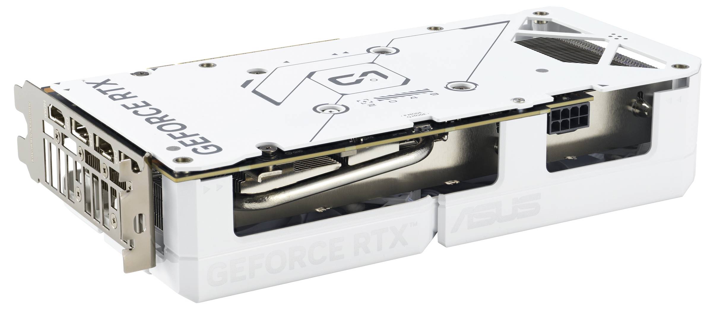 Eine weiße ASUS-Grafikkarte mit Kühlventilatoren und der Aufschrift 'GEFORCE RTX', die ihr elegantes Design und die metallischen Anschlüsse hervorhebt.
