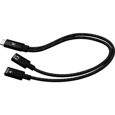 Ein geflochtenes Ladekabel mit einem USB-C-Anschluss, der sich in zwei Kabel teilt, beschriftet mit ‚HDMI' und ‚PD/Charge', was eine Doppelfunktionalität anzeigt.