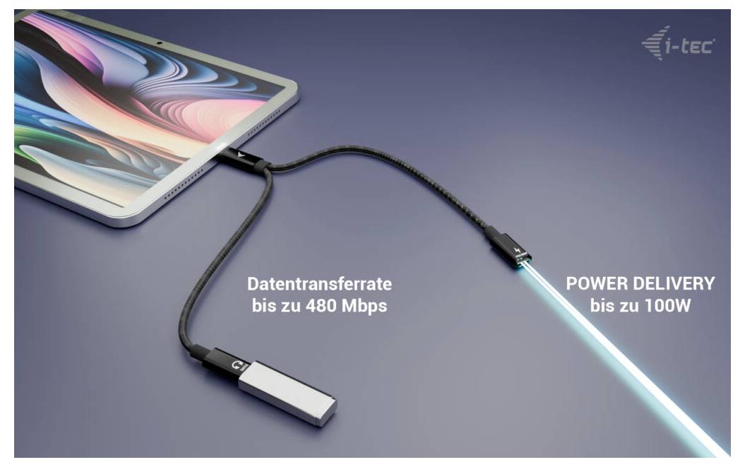 Ein Tablet, das mit einem Gerät mit zwei Kabeln verbunden ist, die mit „Datentransferrate bis zu 480 Mbps" und „POWER DELIVERY bis zu 100 W" beschriftet sind.