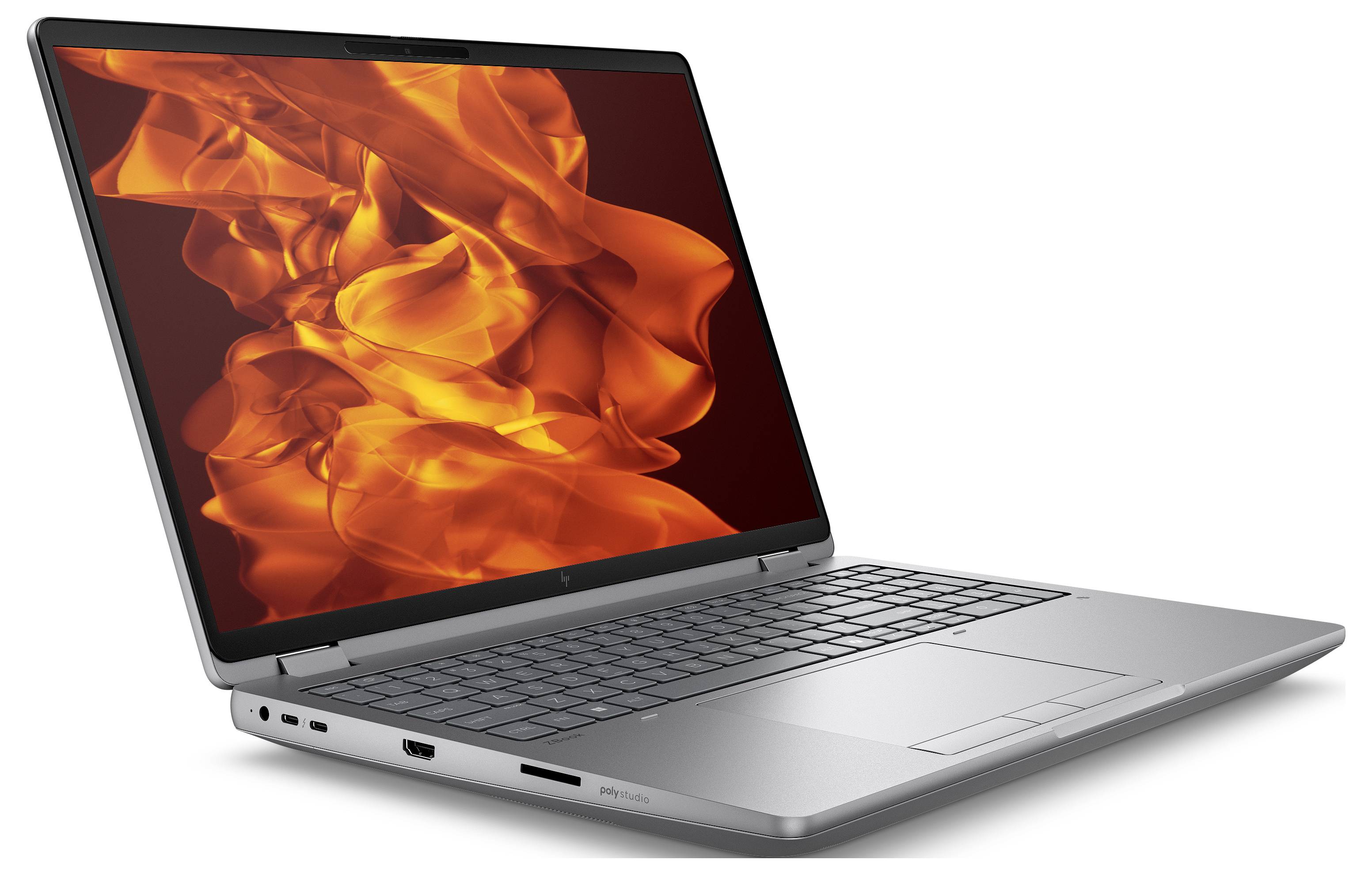 Ein silberner Laptop mit einem lebhaften orangefarbenen Flammendesign auf dem Bildschirm, von einem Winkel aus betrachtet, der eine elegante und moderne Tastaturanordnung präsentiert.