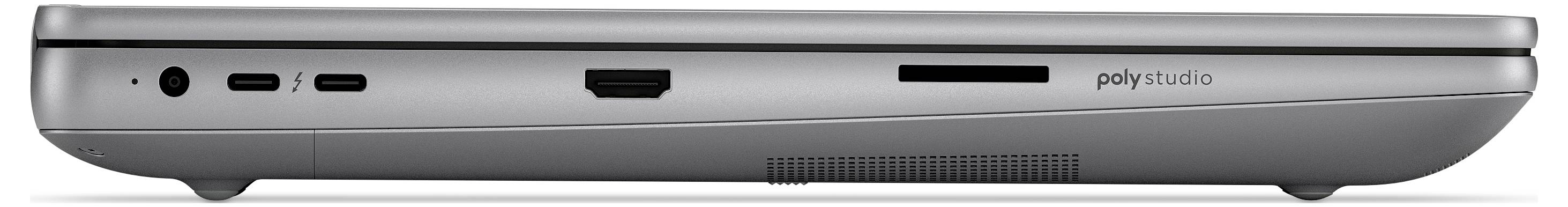 Eine Nahaufnahme eines grauen elektronischen Geräts, die dessen Anschlüsse an der Seite zeigt, einschließlich USB-C, HDMI und eines SD-Kartensteckplatzes. Das Gerät ist mit 'poly studio' beschriftet.