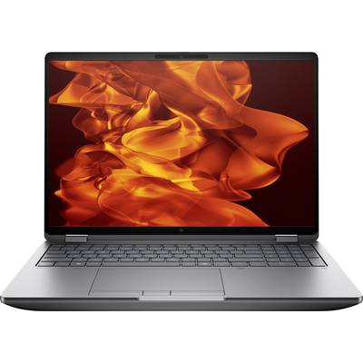 Ein silberner Laptop, geöffnet, mit einem lebhaften orangefarbenen, flammenartigen abstrakten Design auf dem Bildschirm.