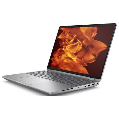 Ein schlankes silbernes Laptop, geöffnet mit einer lebhaften orangefarbenen Flammenanzeige auf dem Bildschirm.