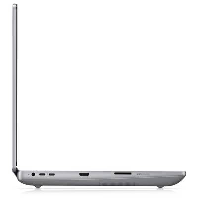 Schlanker silberner Laptop aus Seitenansicht, der seine geschlossene Position zeigt und verschiedene Anschlüsse und Steckplätze entlang des Randes präsentiert.
