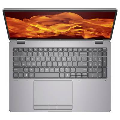 Ein Laptop mit einer silbernen Tastatur und einem lebhaften, wirbelnden orangefarbenen Muster auf dem Bildschirm, von oben betrachtet.