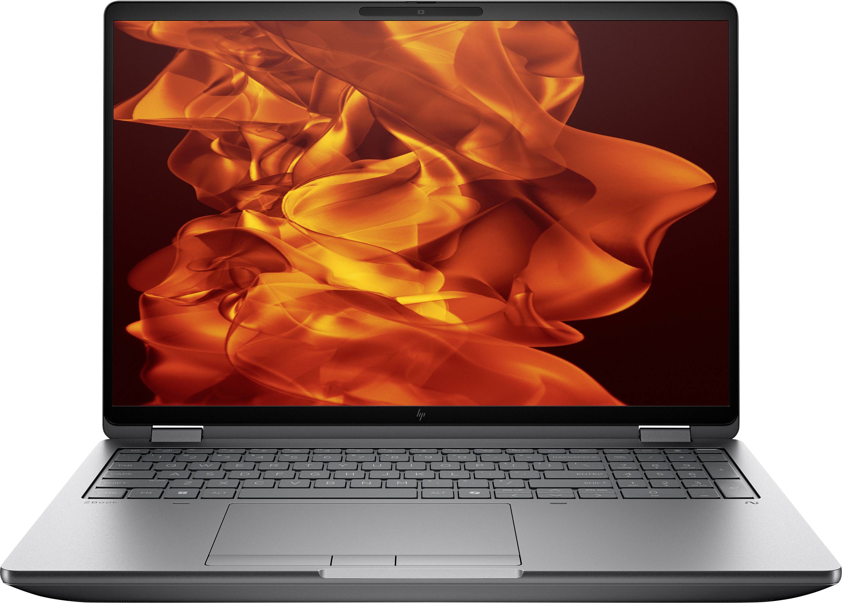 Ein Laptop mit einem feurigen orangefarbenen, abstrakten Flammenmuster, das auf seinem Bildschirm zu sehen ist, vor einem schlichten weißen Hintergrund.