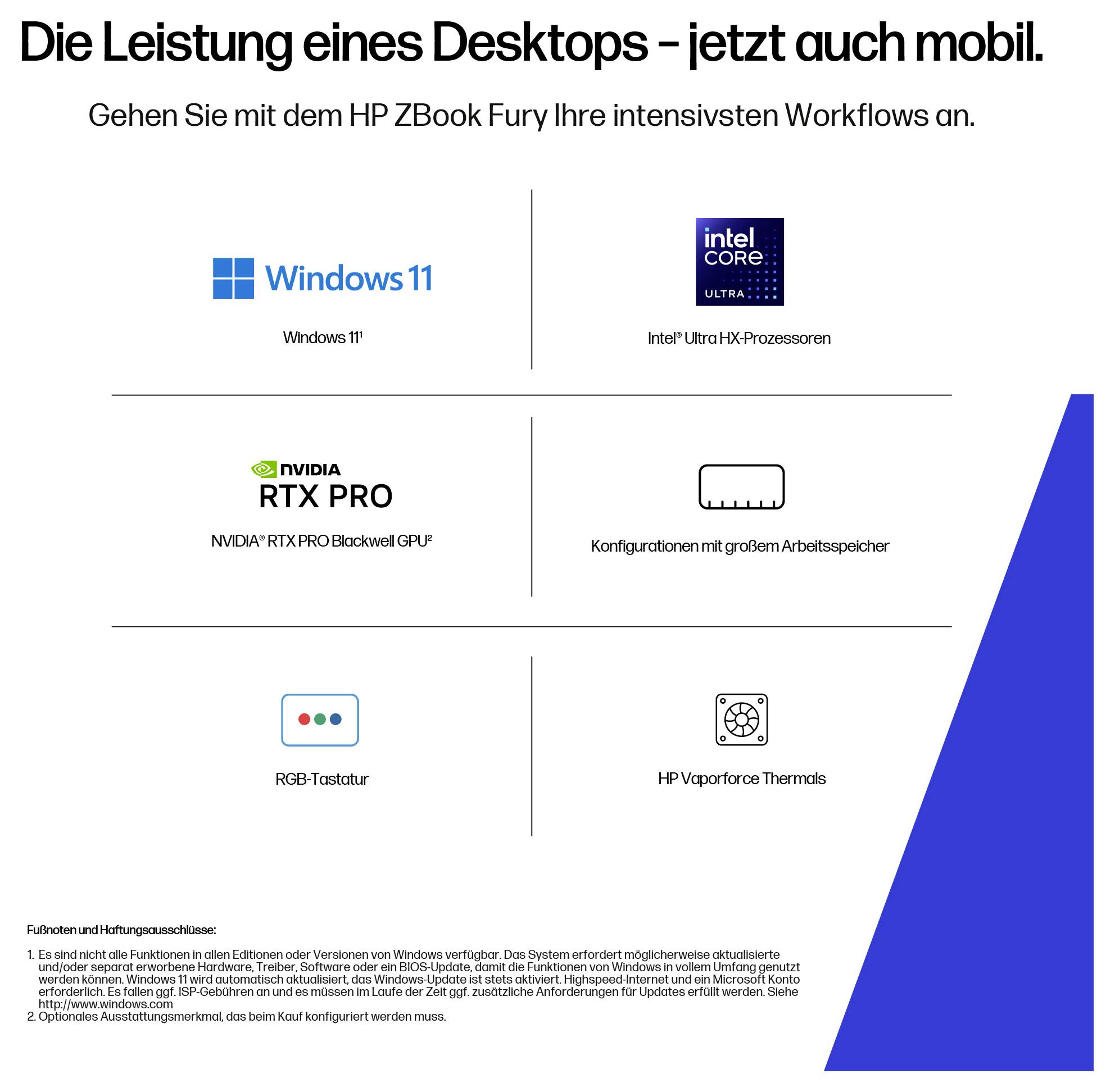 'Die Leistung eines Desktops – jetzt auch mobil.' HP ZBook Fury Merkmale: Windows 11, Intel-Prozessoren, NVIDIA-GPU, RGB-Tastatur, Vaporforce-Thermaltechnologie.