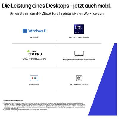 'Die Leistung eines Desktops – jetzt auch mobil.' HP ZBook Fury Merkmale: Windows 11, Intel-Prozessoren, NVIDIA-GPU, RGB-Tastatur, Vaporforce-Thermaltechnologie.