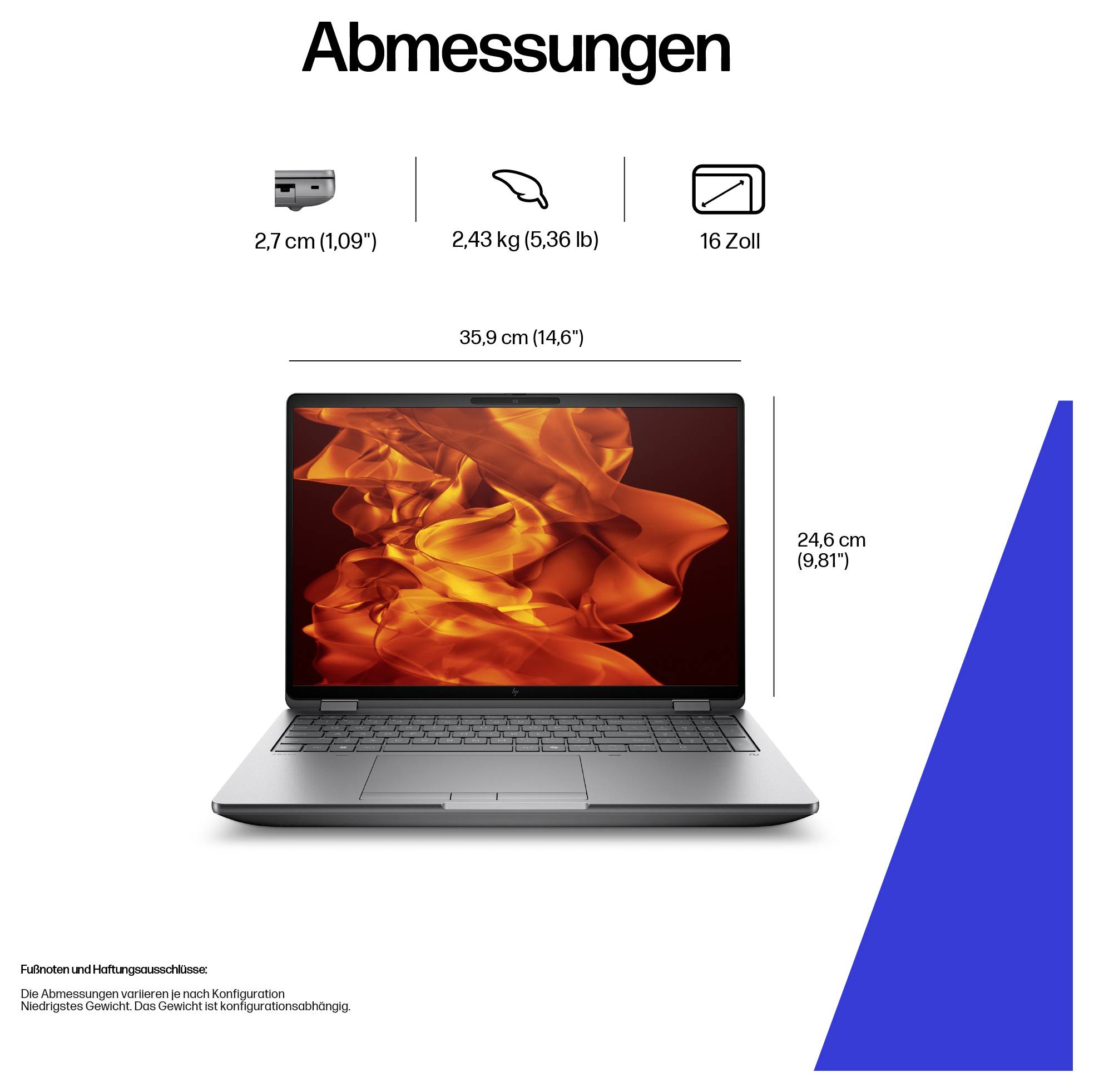 Zu den 'Abmessungen' eines Laptops gehören: Tiefe 2,7 cm, Gewicht 2,43 kg, 16-Zoll-Display. Höhe 24,6 cm, Breite 35,9 cm. Abbildung zeigt einen silbernen Laptop.