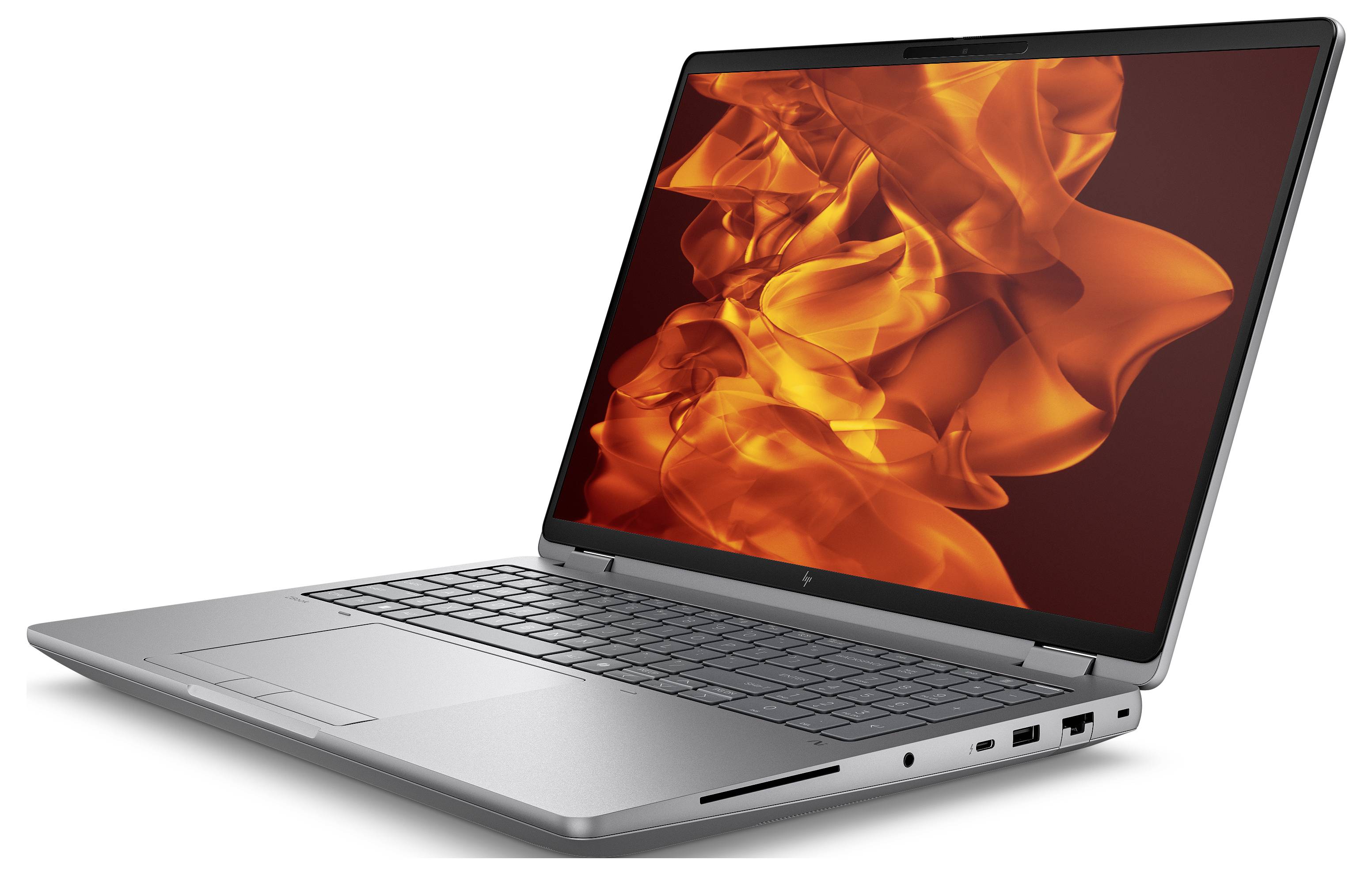 Silberner Laptop mit einer schwarzen Tastatur, der ein abstraktes orangefarbenes Flammenmuster auf seinem Bildschirm zeigt.