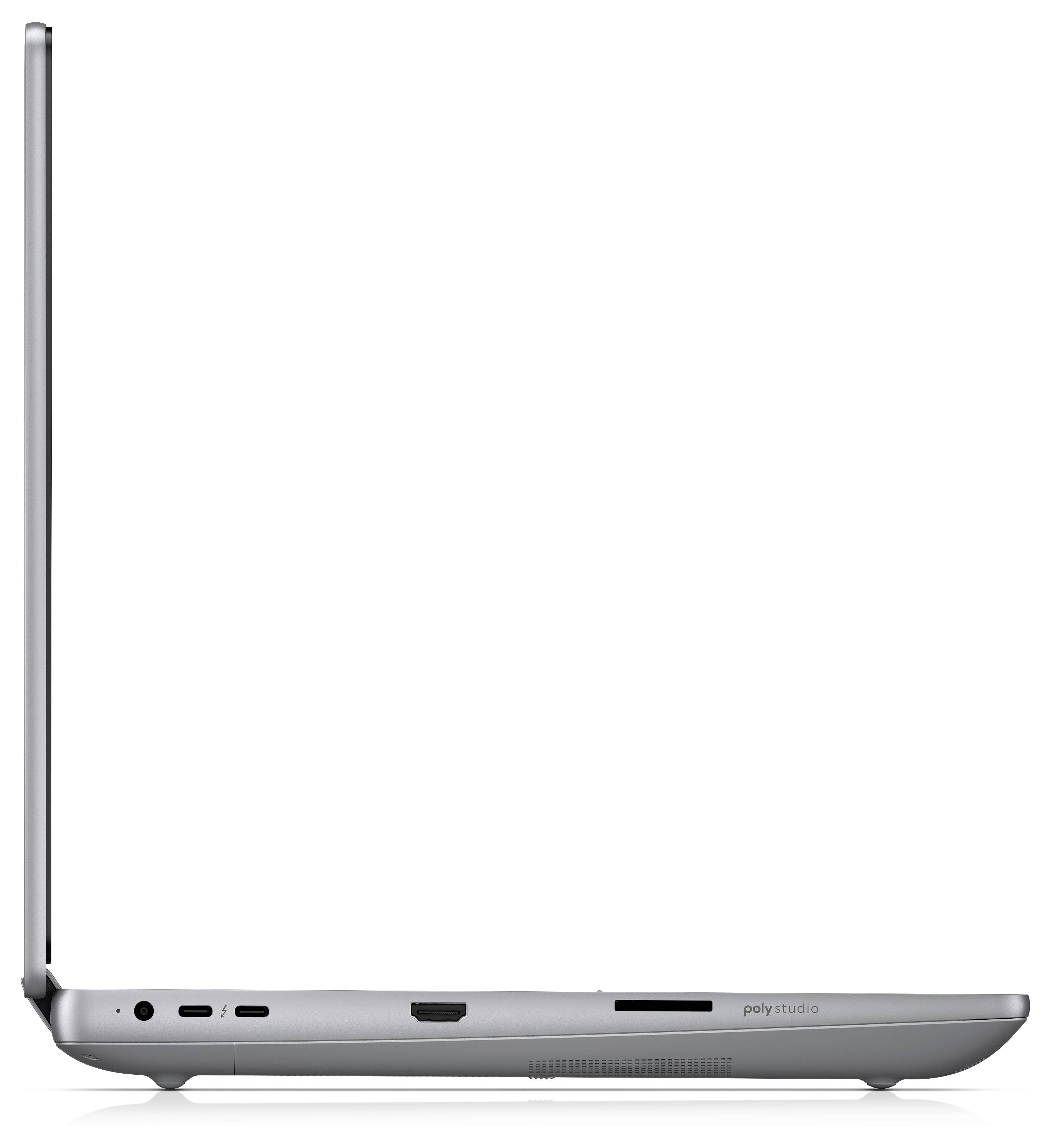 Ein schlanker, silberner Laptop aus der Seitenansicht, der seinen dünnen Profil und Anschlüsse wie USB, HDMI und Kopfhörerbuchse zeigt.