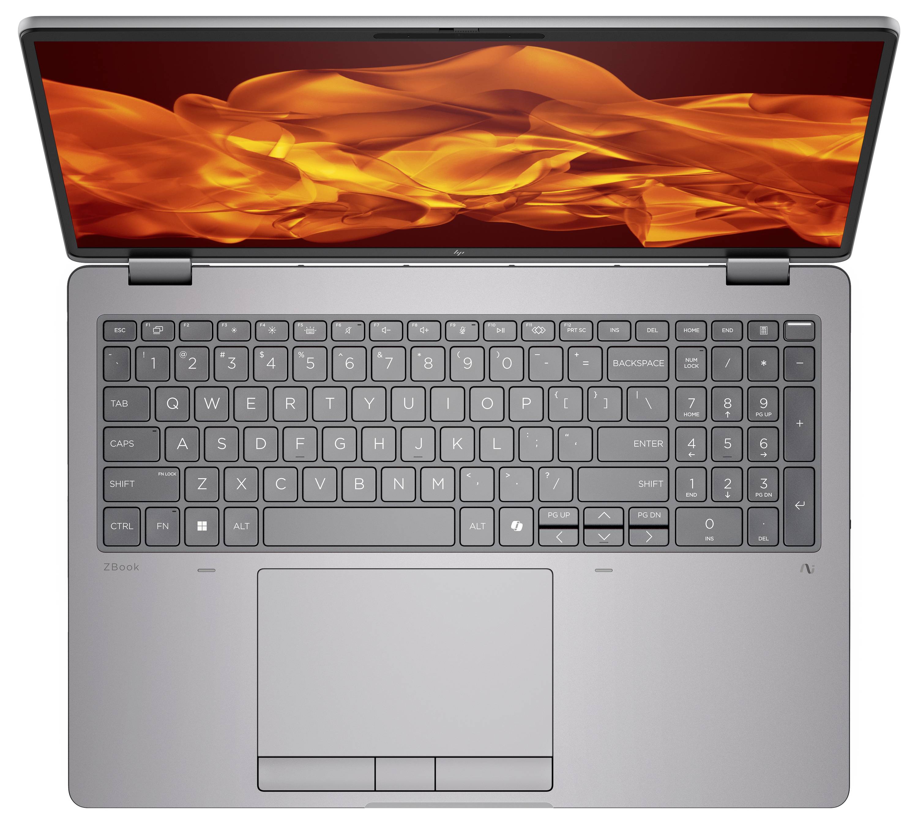 Ein silberner Laptop mit einer vollständigen Tastatur und einem orangefarbenen abstrakten Muster auf dem Bildschirm, von oben betrachtet.