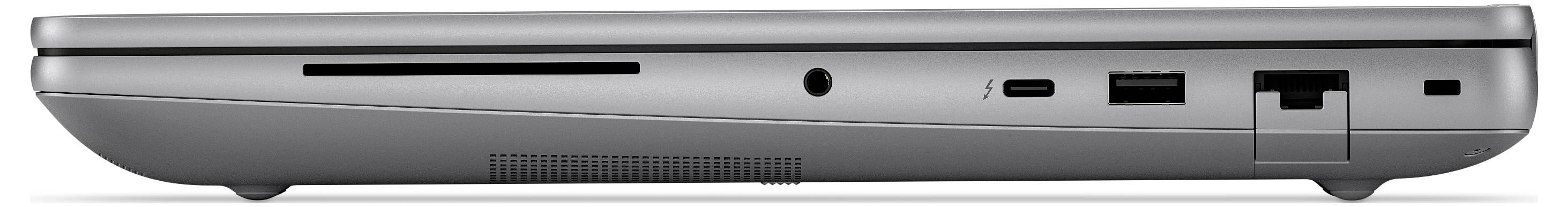 Seitenansicht eines geschlossenen Laptops, der verschiedene Anschlüsse wie USB, Ethernet, Netzteil, Kopfhörerbuchse und einen SD-Kartenslot auf einem grauen Gehäuse zeigt.