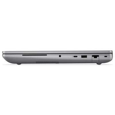 Seitenansicht eines geschlossenen Laptops, der verschiedene Anschlüsse wie USB, Ethernet, Netzteil, Kopfhörerbuchse und einen SD-Kartenslot auf einem grauen Gehäuse zeigt.