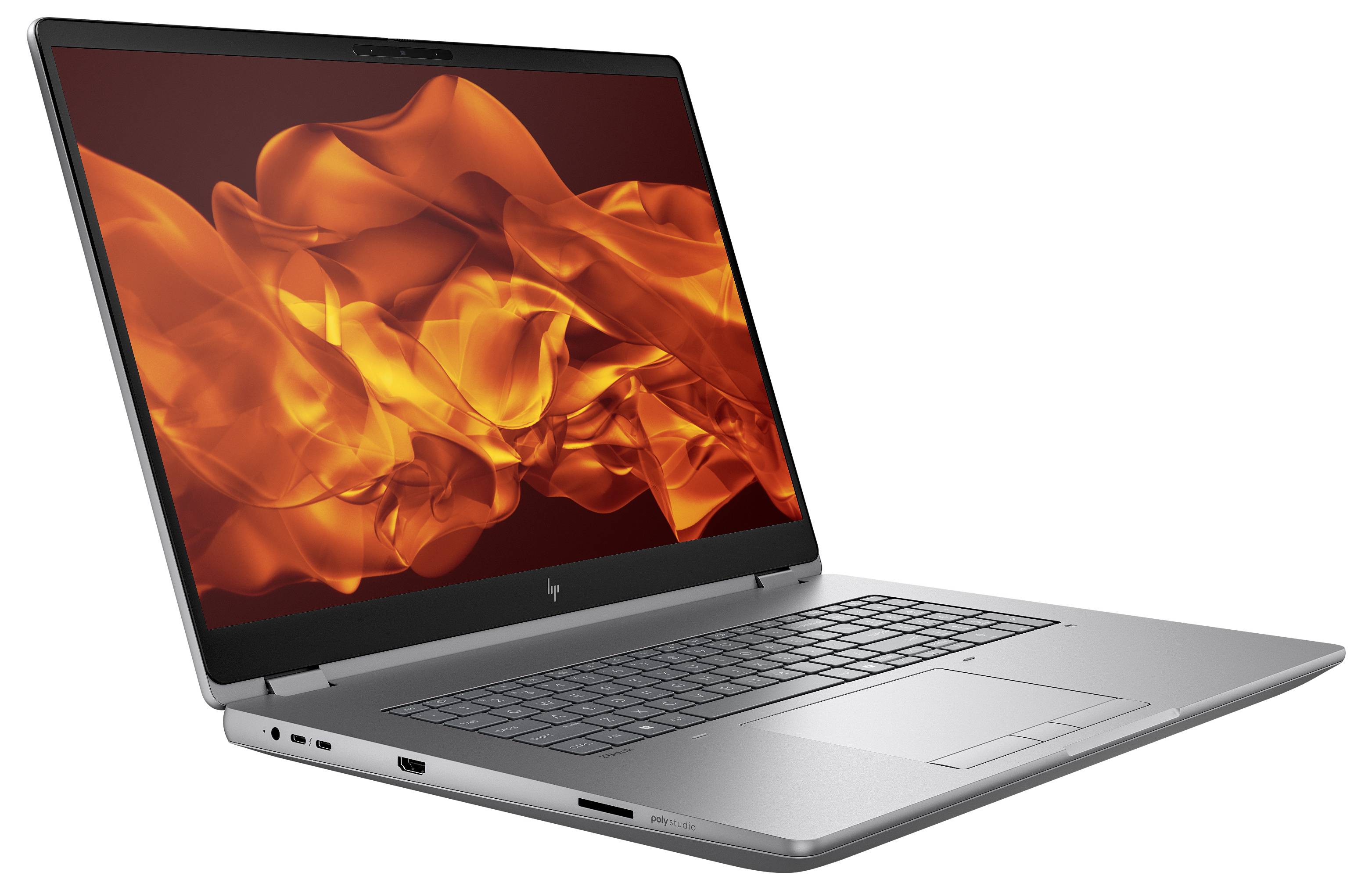 Ein silberner Laptop mit einem lebhaften, abstrakten Orange-Flammen-Design auf dem Bildschirm, der in einem Winkel vor einem weißen Hintergrund gezeigt wird.