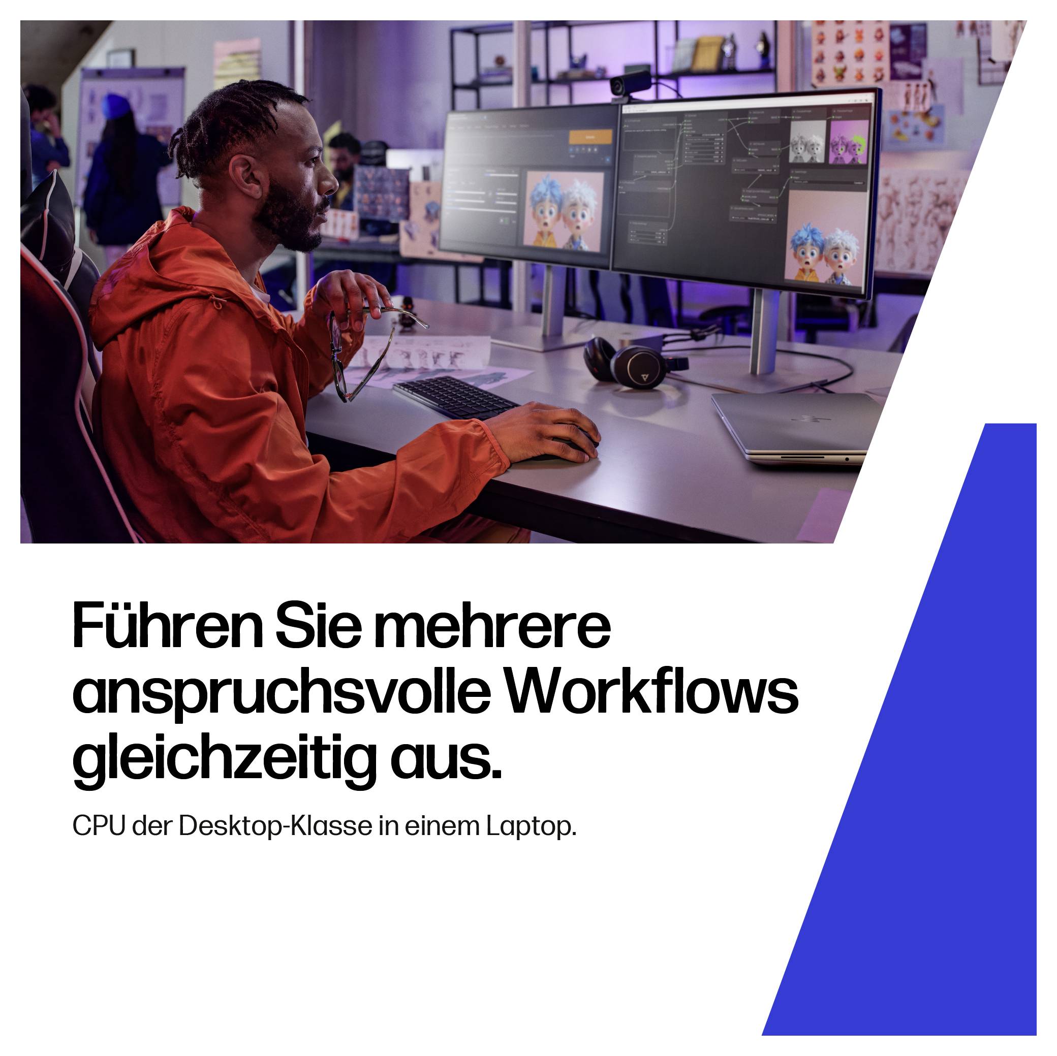Ein Mann, der einen Computer mit mehreren Bildschirmen verwendet, auf denen komplexe Arbeitsabläufe dargestellt werden; Text auf Deutsch übersetzt: „Mehrere anspruchsvolle Arbeitsabläufe gleichzeitig ausführen."