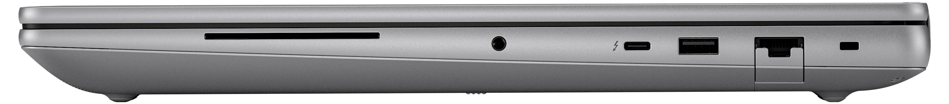 Seitenansicht eines geschlossenen grauen Laptops mit verschiedenen Anschlüssen: SD-Kartenslot, Kopfhörerbuchse, USB-Anschlüsse, Ethernet-Anschluss und Stromanschluss.