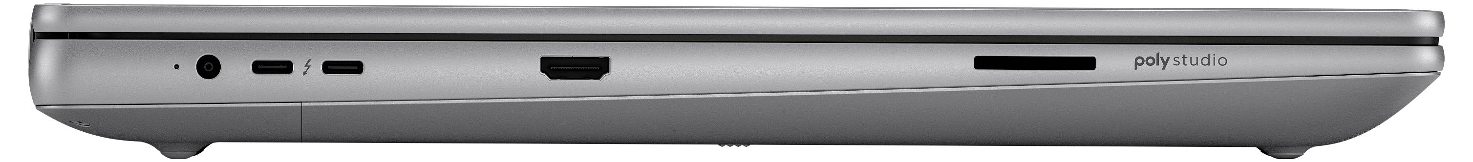 Laptop-Seitenansicht mit Anschlüssen: zwei USB-C, ein USB-A, HDMI, microSD-Kartensteckplatz und Kopfhörerbuchse. Gerät mit der Bezeichnung 'Poly Studio'.