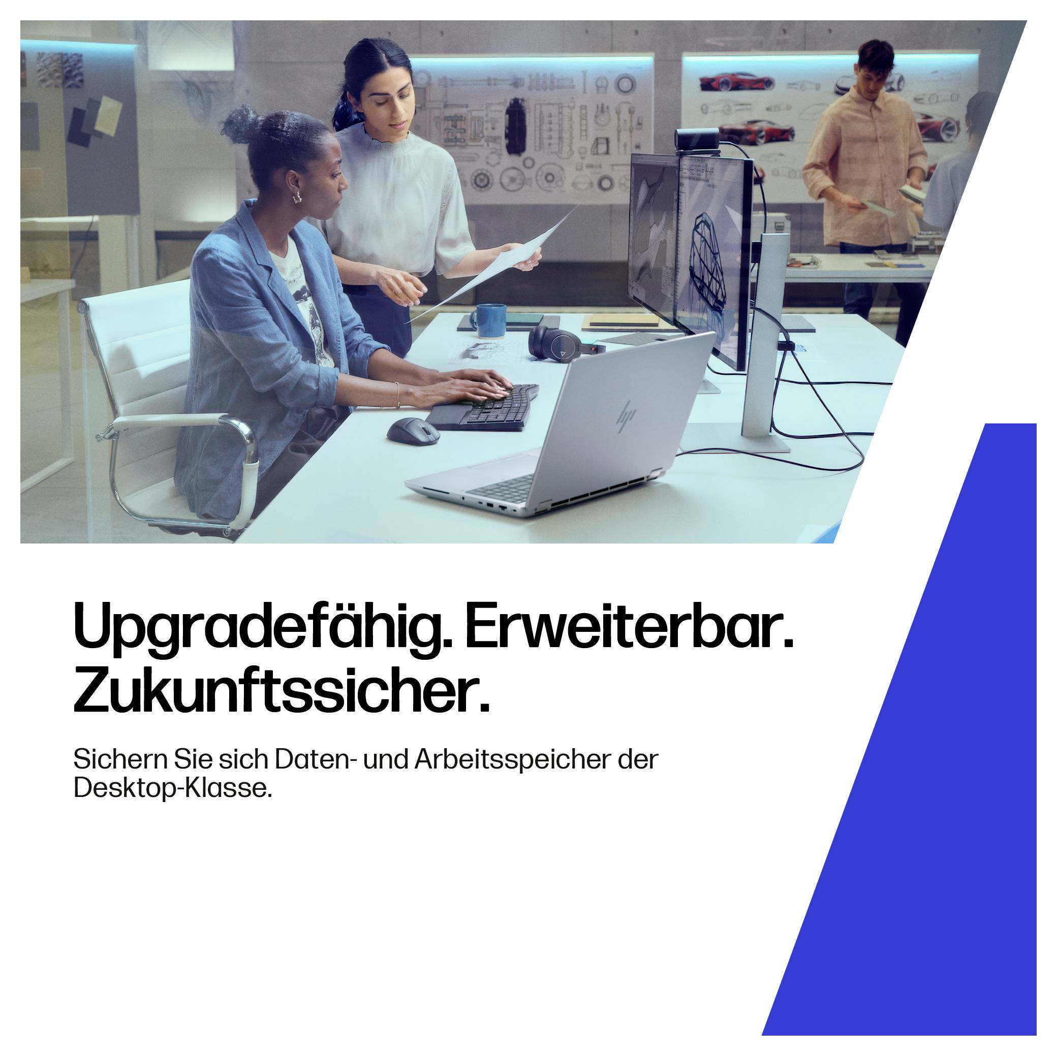 Ein vielfältiges Team überprüft technische Designs an einem Computer in einem futuristischen Büro. Der Text betont Aufrüstbarkeit und zukunftssichere Eigenschaften.