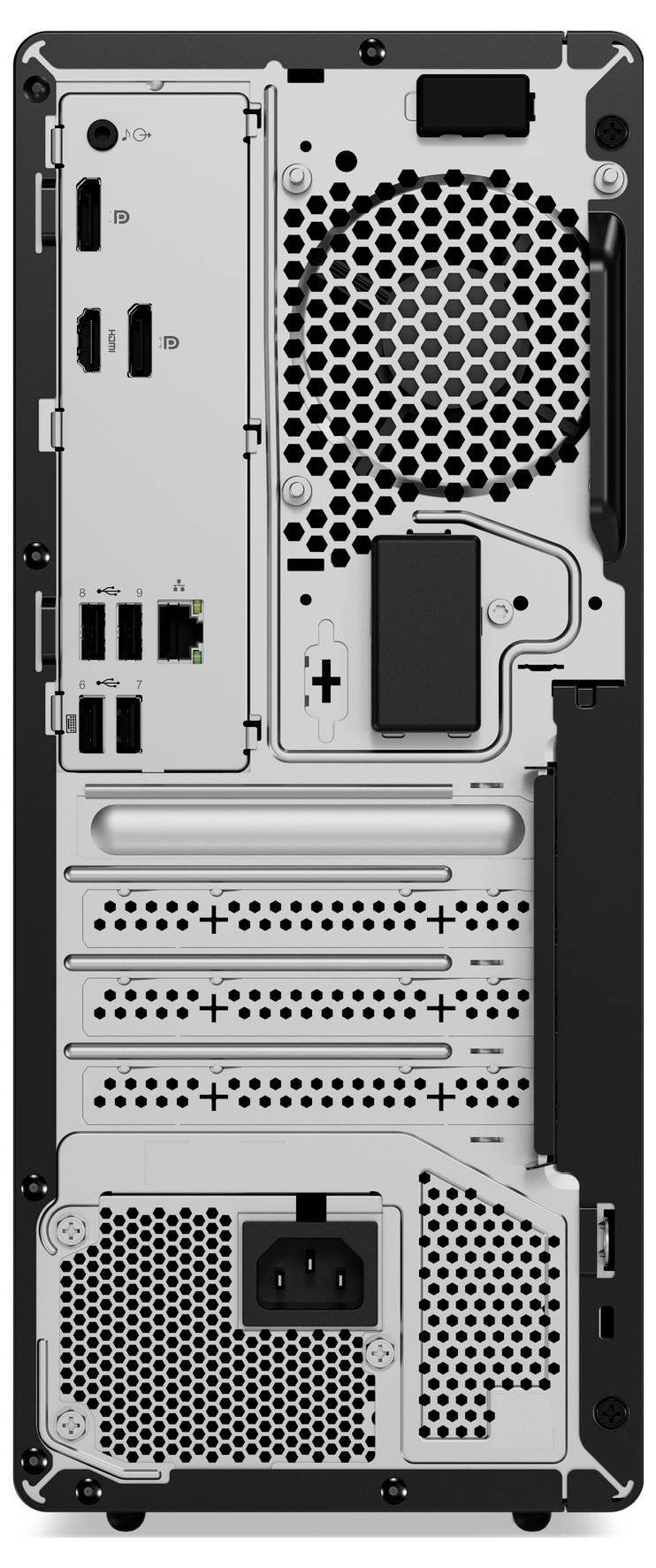 Die Rückseite eines Desktop-Computers mit verschiedenen Anschlüssen wie HDMI, USB, Ethernet sowie Belüftungsschlitzen zur Kühlung.