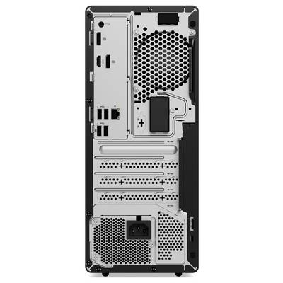 Die Rückseite eines Desktop-Computers mit verschiedenen Anschlüssen wie HDMI, USB, Ethernet sowie Belüftungsschlitzen zur Kühlung.