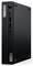 Ein schwarzer Lenovo ThinkCentre Mini-Computerturm, von vorne unter einem Winkel gezeigt; Anschlüsse und Einschaltknopf sind auf dem Frontpanel sichtbar.