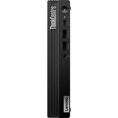 Frontansicht eines Lenovo ThinkCentre Mini-Desktops, der den Einschaltknopf, USB-Anschlüsse, HDMI-Anschluss und das Lenovo-Branding in vertikaler Ausrichtung zeigt.