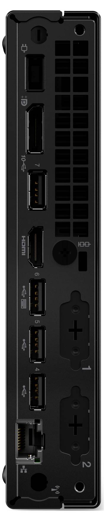 Rückansicht eines schwarzen elektronischen Geräts mit mehreren Anschlüssen, darunter USB, HDMI, Ethernet und Stromversorgung, sowie Lüftungsschlitzen.