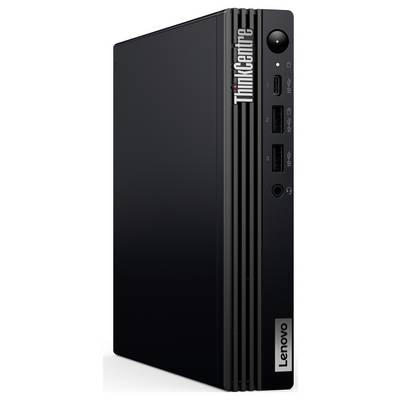 Ein schlanker schwarzer Lenovo ThinkCentre Mini-Desktop-Computer mit mehreren USB-Anschlüssen und Einschaltknopf auf der Frontplatte.
