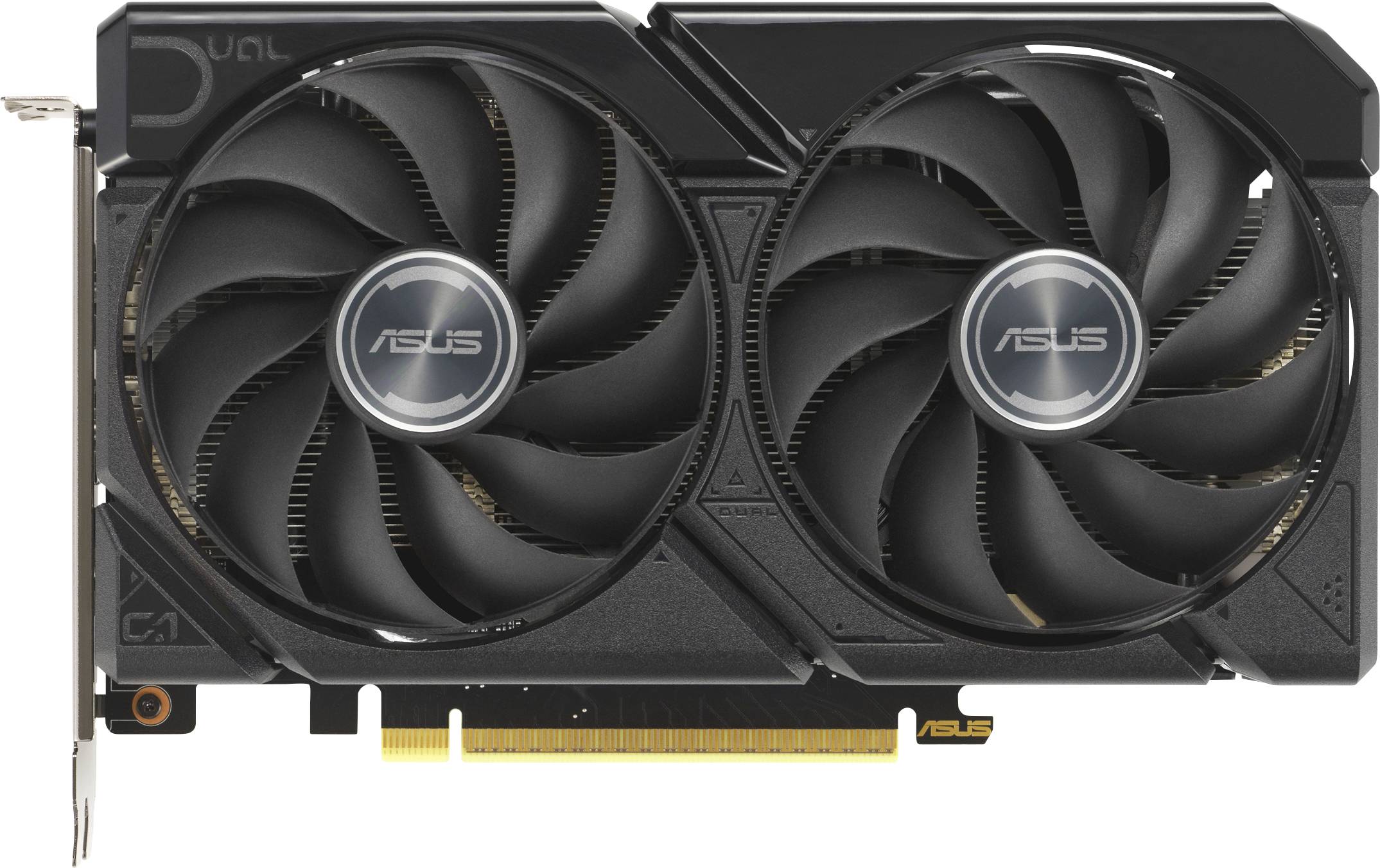 Eine schwarze ASUS-Grafikkarte mit zwei großen Kühlventilatoren, sichtbarem PCI-Express-Anschluss am unteren Rand und standardmäßigen Videoausgabeanschlüssen an der Seite.